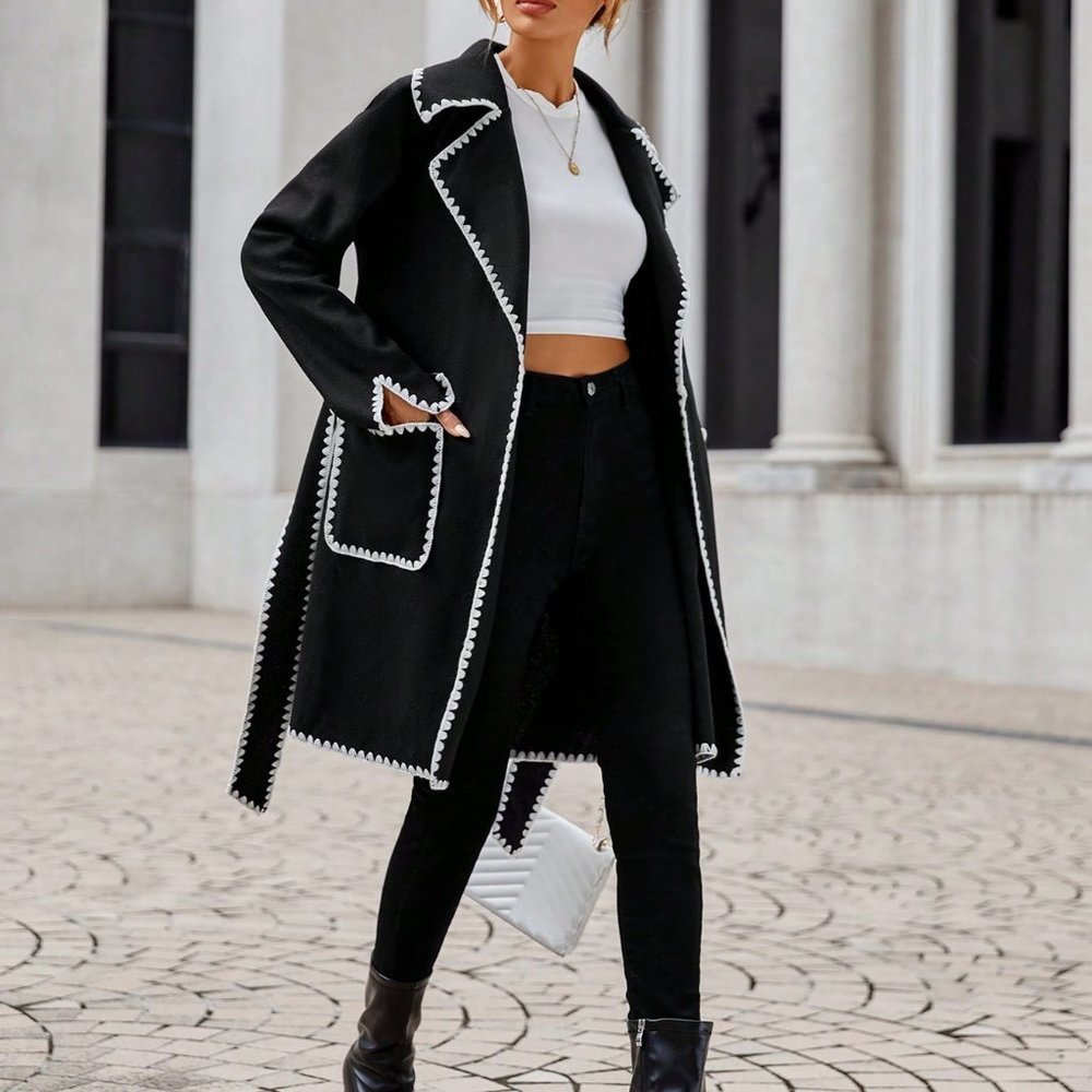 Black Elegant Womens  Contrast Binding Lapel Neck Belted Overcoat - Picture 5 of 5